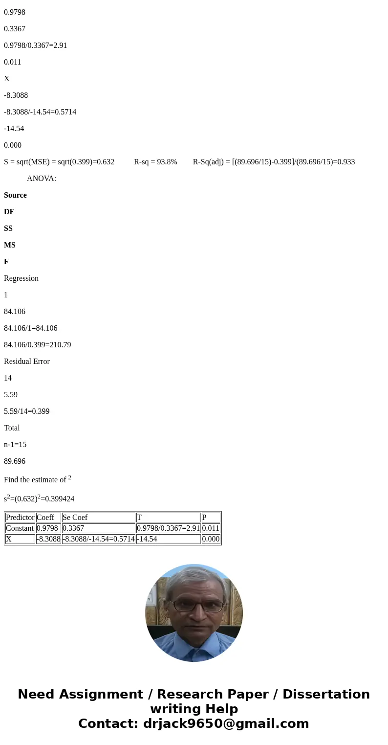 Use the following partially complete Minitab output to answer the following questions. Predictor Coeff Se Coef T P Constant 0.9798 0.3367 ? 0.011 X -8.3088 ? -1
