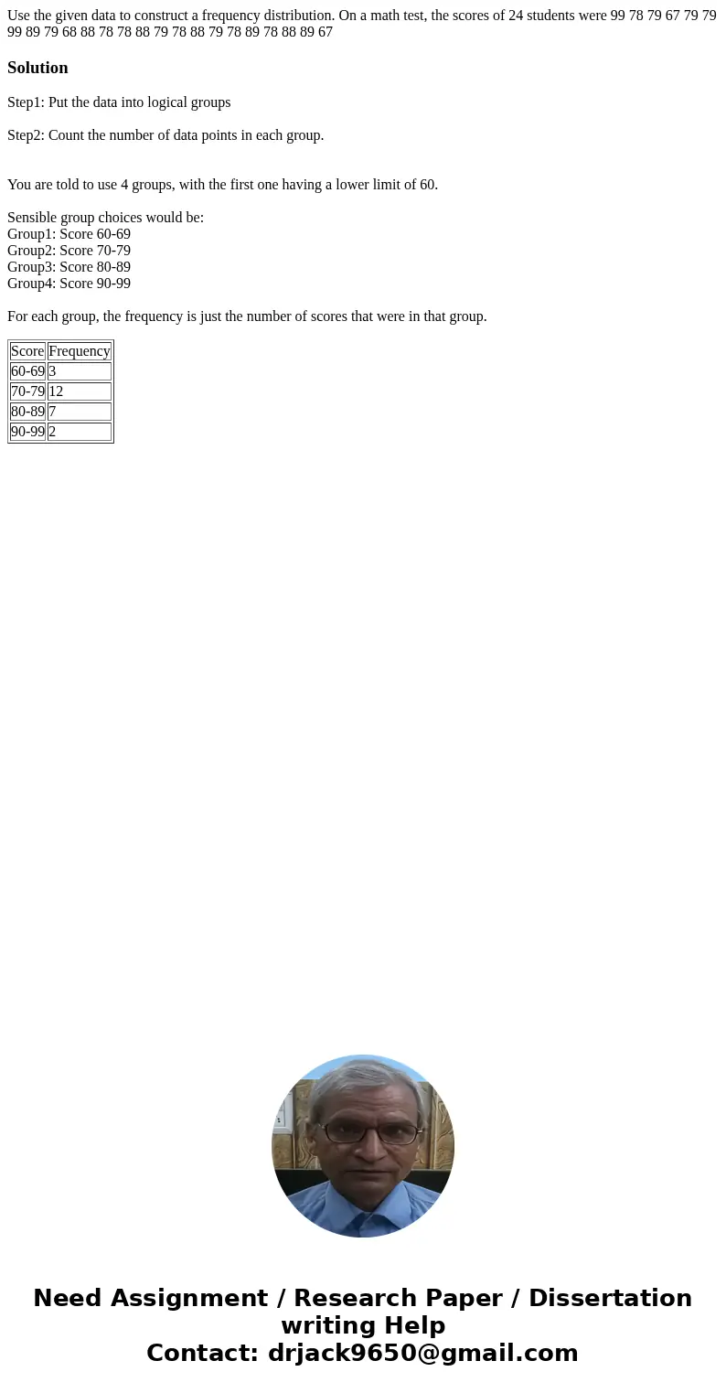 Use the given data to construct a frequency distribution. On a math test, the scores of 24 students were 99 78 79 67 79 79 99 89 79 68 88 78 78 88 79 78 88 79 7 Use the given data to construct a frequency distribution. On a math test, the scores of 24 students were 99 78 79 67 79 79 99 89 79 68 88 78 78 88 79 78 88 79 7