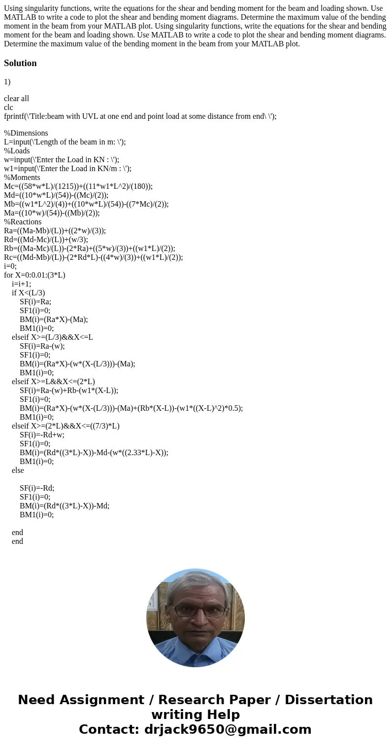  Using singularity functions, write the equations for the shear and bending moment for the beam and loading shown. Use MATLAB to write a code to plot the shear 