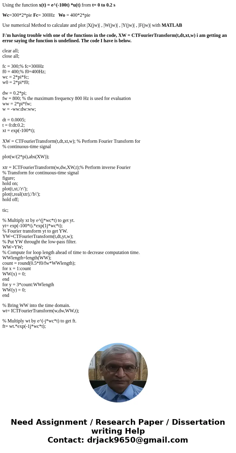 Using the function x(t) = e^(-100t) *u(t) from t= 0 to 0.2 s Wc=300*2*pie Fc= 300Hz Wo = 400*2*pie Use numerical Method to calculate and plot |X(jw)| , |W(jw)| 