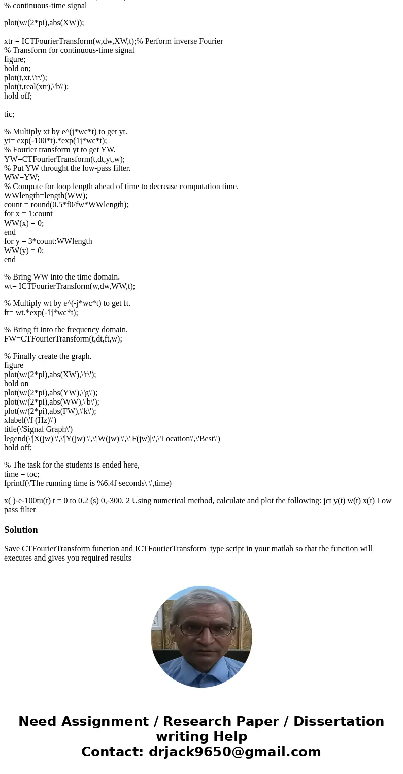 Using the function x(t) = e^(-100t) *u(t) from t= 0 to 0.2 s Wc=300*2*pie Fc= 300Hz Wo = 400*2*pie Use numerical Method to calculate and plot |X(jw)| , |W(jw)| 