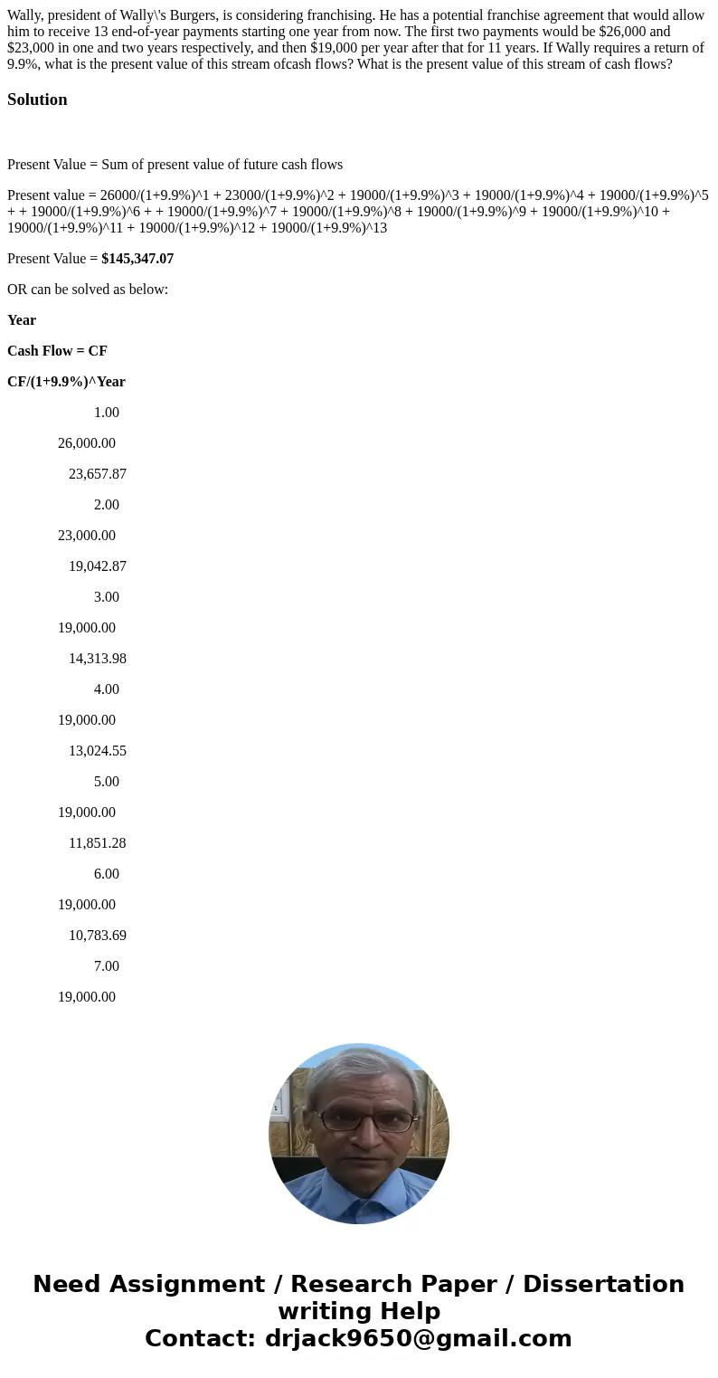  Wally, president of Wally\'s Burgers, is considering franchising. He has a potential franchise agreement that would allow him to receive 13 end-of-year payment