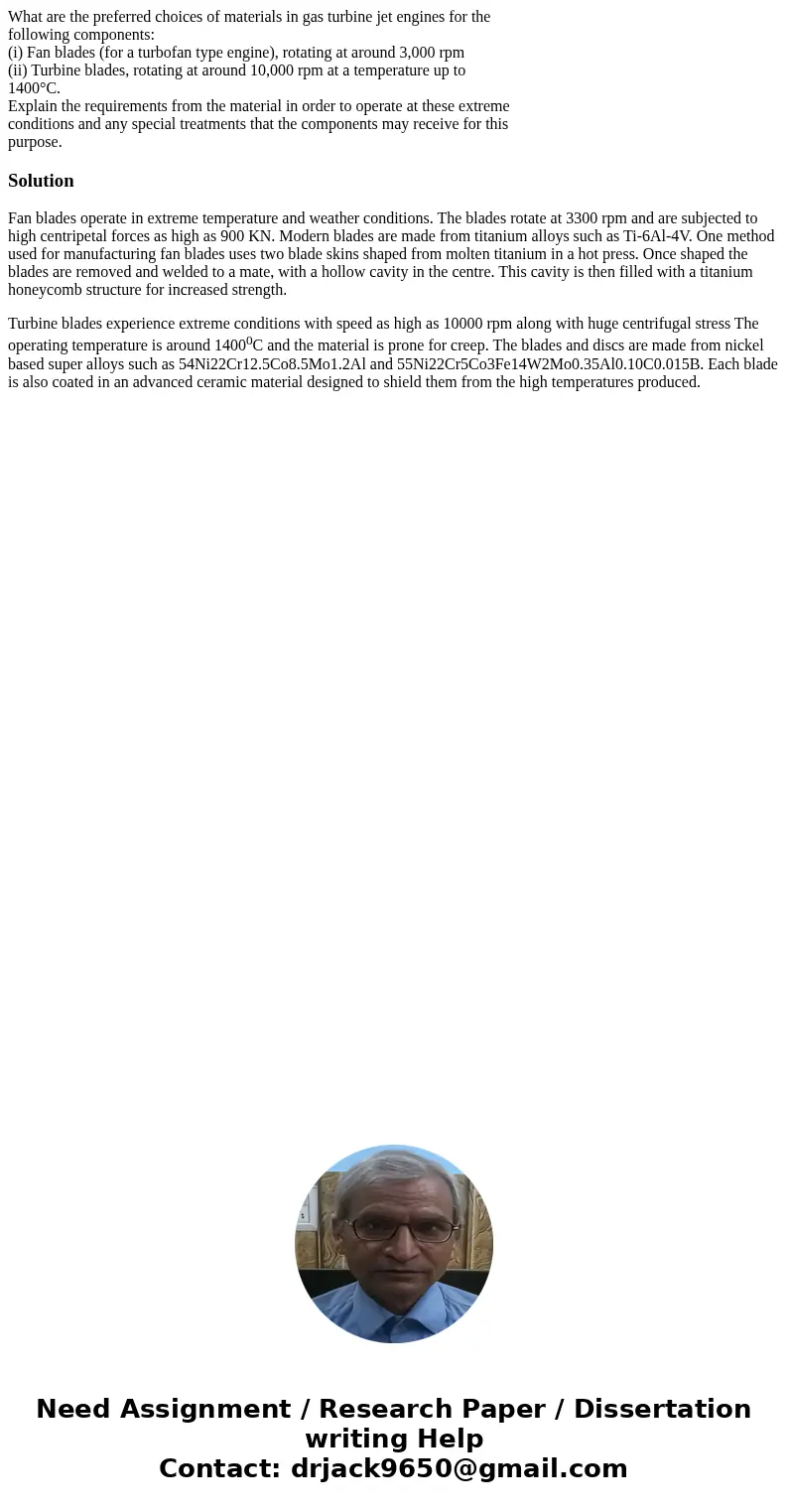 What are the preferred choices of materials in gas turbine jet engines for the following components: (i) Fan blades (for a turbofan type engine), rotating at ar