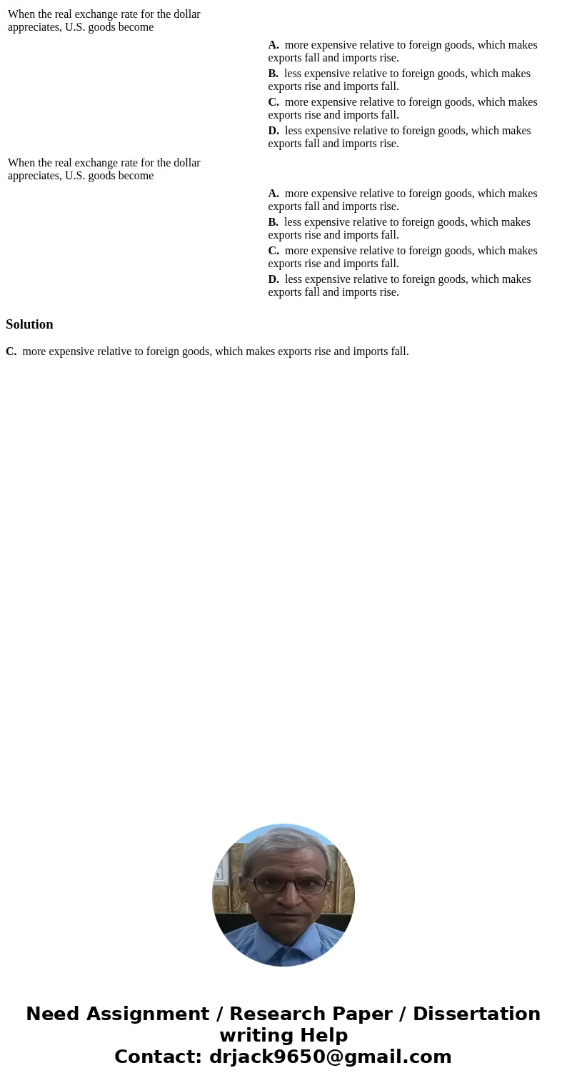  When the real exchange rate for the dollar appreciates, U.S. goods become A. more expensive relative to foreign goods, which makes exports fall and imports ris