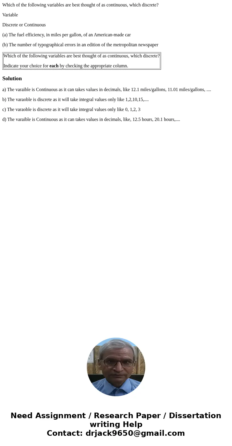 Which of the following variables are best thought of as continuous, which discrete? Variable Discrete or Continuous (a) The fuel efficiency, in miles per gallon Which of the following variables are best thought of as continuous, which discrete? Variable Discrete or Continuous (a) The fuel efficiency, in miles per gallon