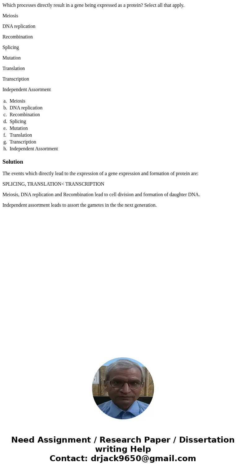 Which processes directly result in a gene being expressed as a protein? Select all that apply. Meiosis DNA replication Recombination Splicing Mutation Translati