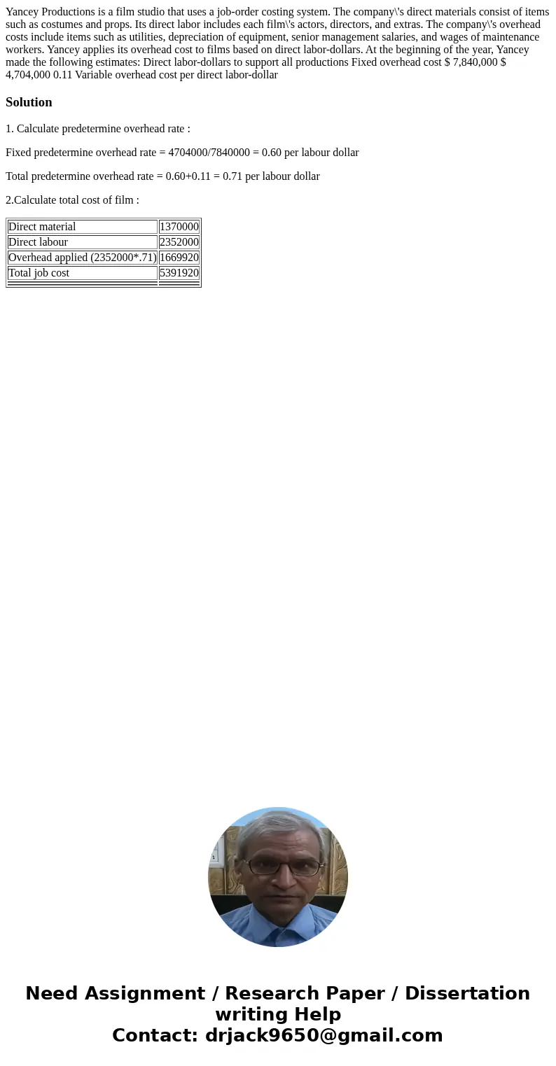  Yancey Productions is a film studio that uses a job-order costing system. The company\'s direct materials consist of items such as costumes and props. Its dire