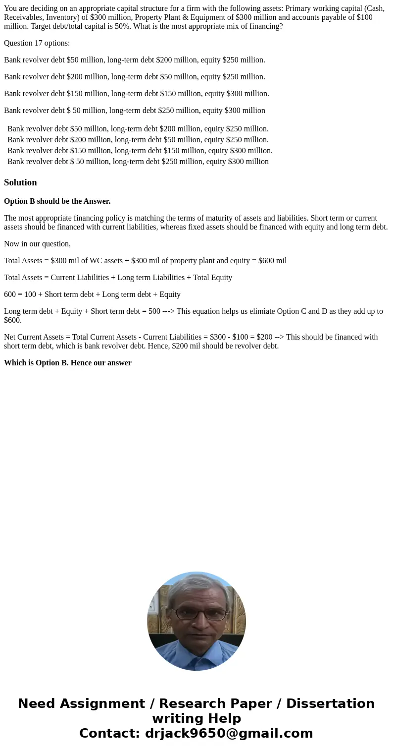 You are deciding on an appropriate capital structure for a firm with the following assets: Primary working capital (Cash, Receivables, Inventory) of $300 millio You are deciding on an appropriate capital structure for a firm with the following assets: Primary working capital (Cash, Receivables, Inventory) of $300 millio