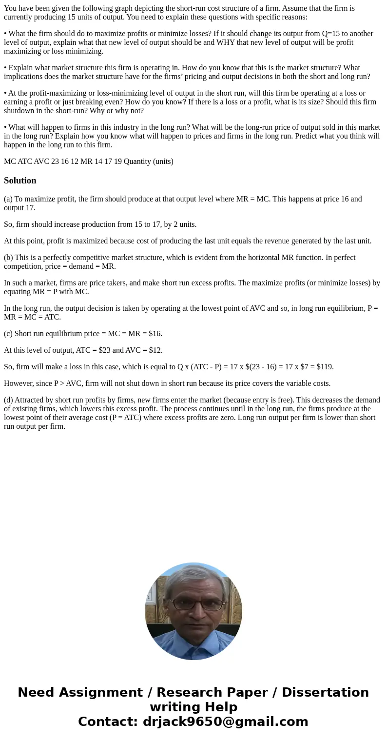 You have been given the following graph depicting the short-run cost structure of a firm. Assume that the firm is currently producing 15 units of output. You ne