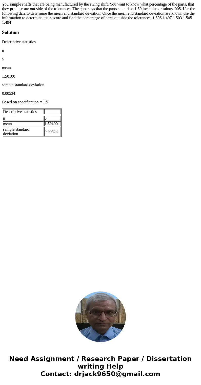  You sample shafts that are being manufactured by the swing shift. You want to know what percentage of the parts, that they produce are out side of the toleranc
