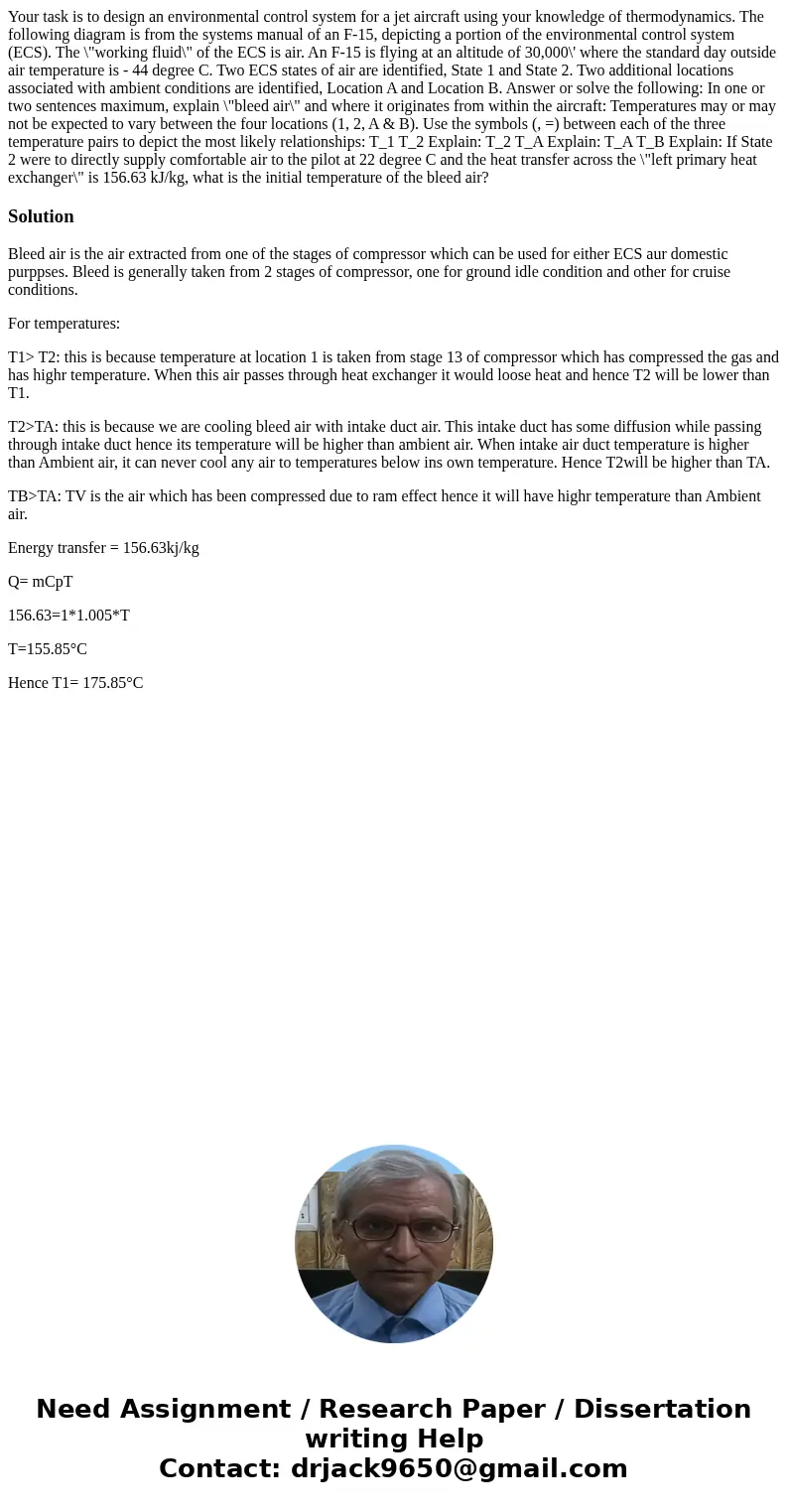 Your task is to design an environmental control system for a jet aircraft using your knowledge of thermodynamics. The following diagram is from the systems man  Your task is to design an environmental control system for a jet aircraft using your knowledge of thermodynamics. The following diagram is from the systems man