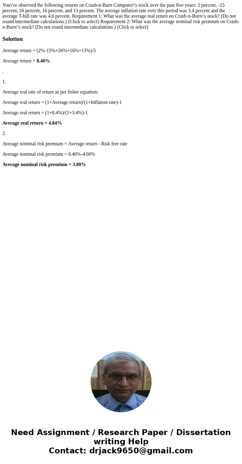  You\'ve observed the following returns on Crash-n-Burn Computer\'s stock over the past five years: 2 percent, -15 percent, 26 percent, 16 percent, and 13 perce