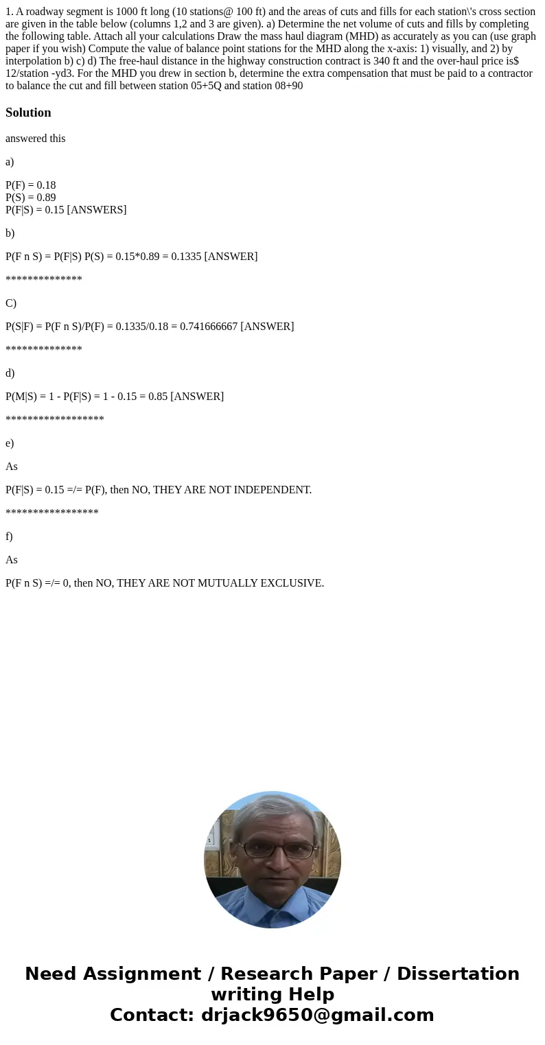 1. A roadway segment is 1000 ft long (10 stations@ 100 ft) and the areas of cuts and fills for each station\'s cross section are given in the table below (colu  1. A roadway segment is 1000 ft long (10 stations@ 100 ft) and the areas of cuts and fills for each station\'s cross section are given in the table below (colu