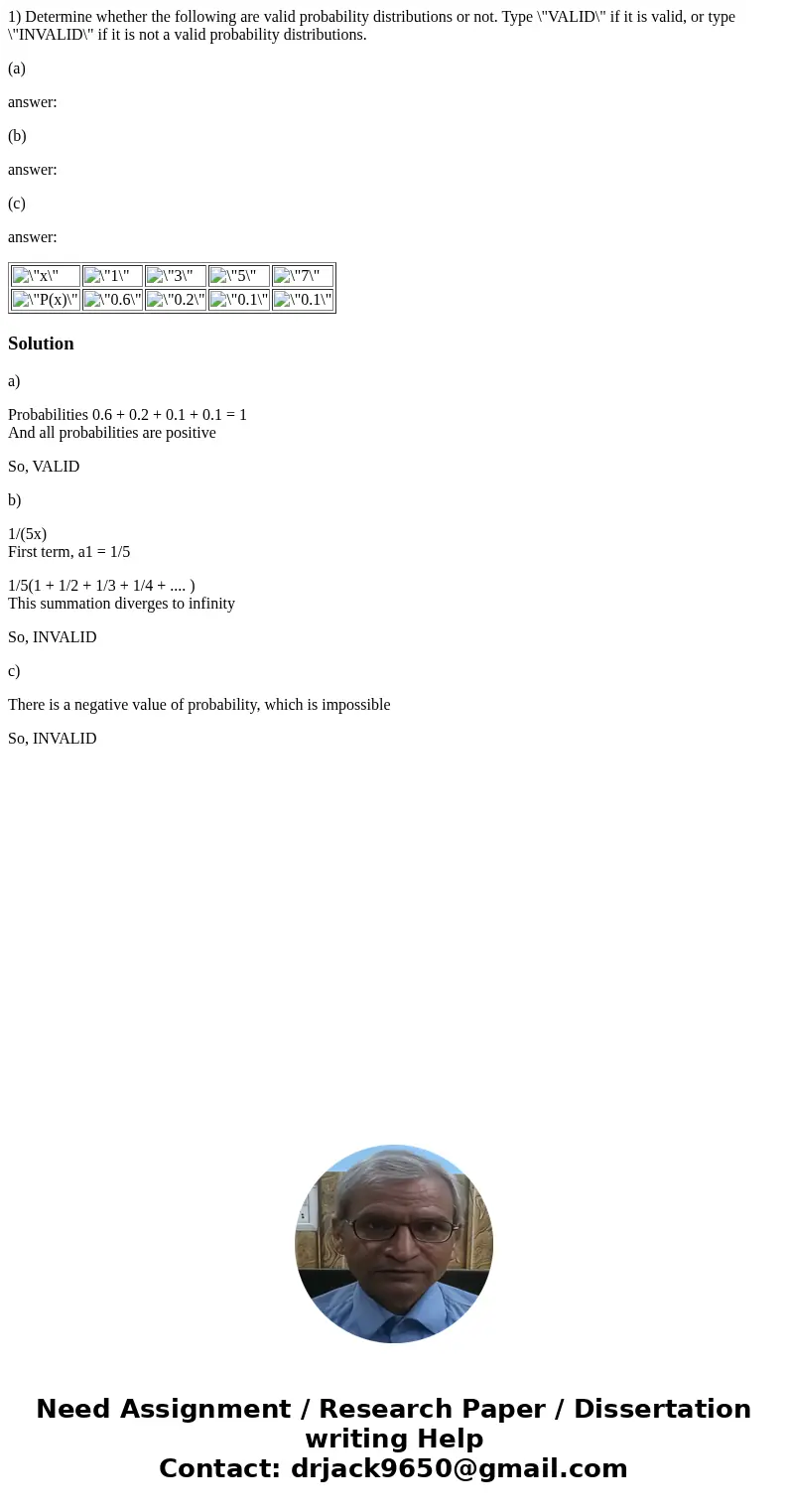 1) Determine whether the following are valid probability distributions or not. Type \