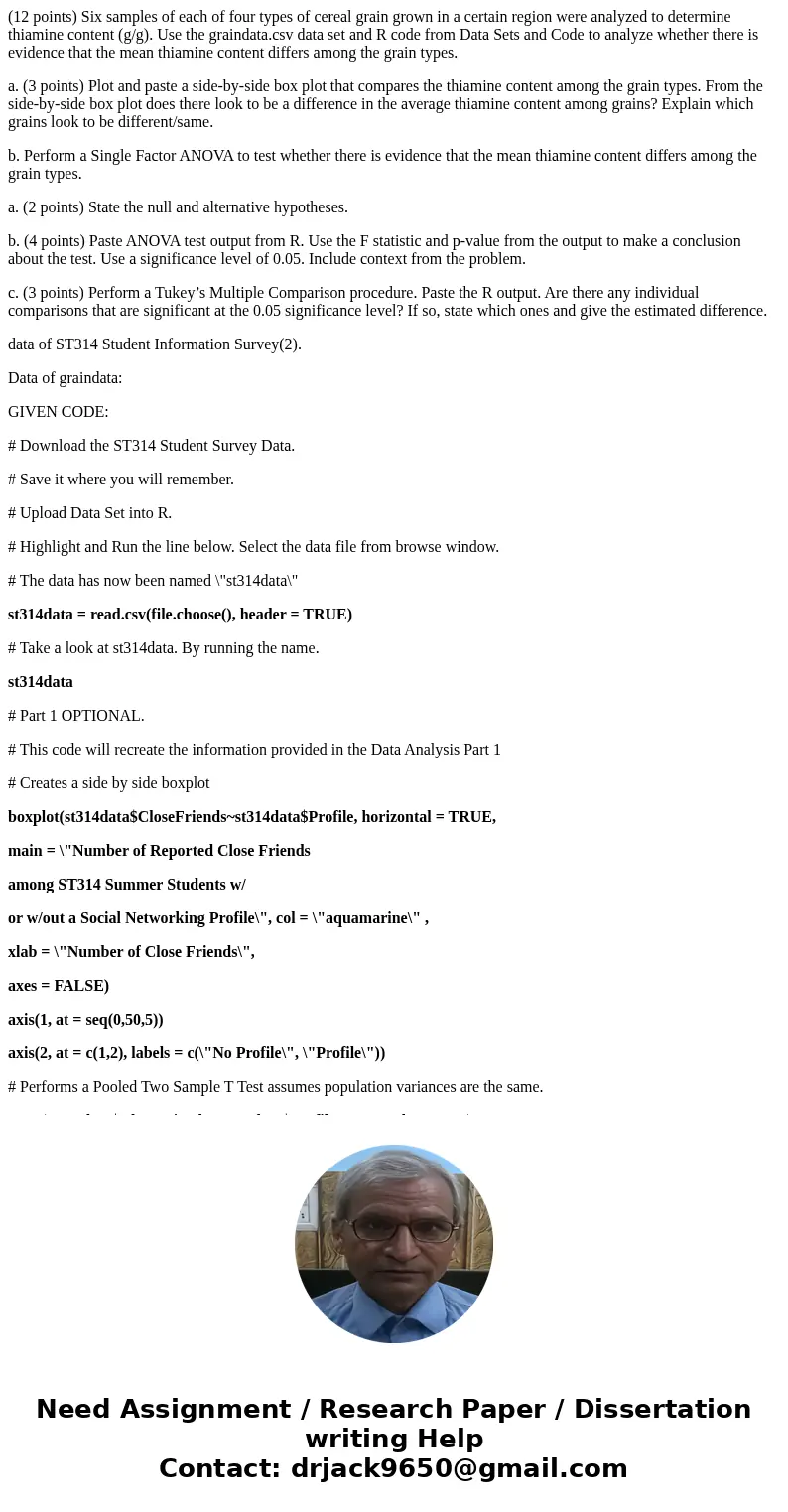 (12 points) Six samples of each of four types of cereal grain grown in a certain region were analyzed to determine thiamine content (g/g). Use the graindata.csv