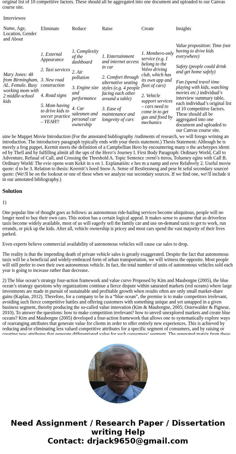 1.What does the emergence of autonomous vehicles mean to you? What value about car travel would you increase, decrease, eliminate? 2. Think of at least 3 Blue O