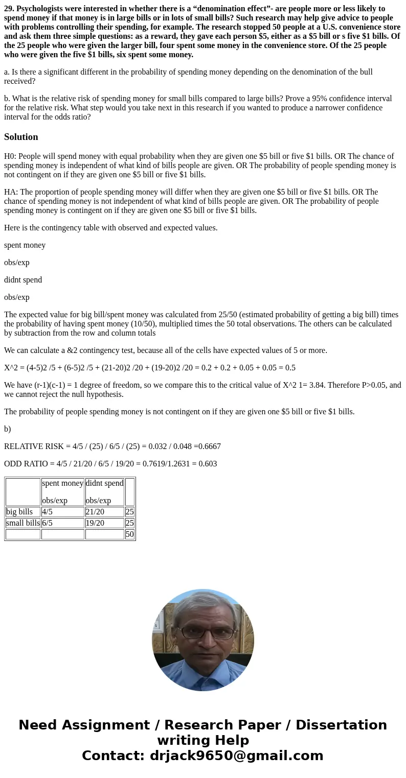 29. Psychologists were interested in whether there is a “denomination effect”- are people more or less likely to spend money if that money is in large bills or  29. Psychologists were interested in whether there is a “denomination effect”- are people more or less likely to spend money if that money is in large bills or
