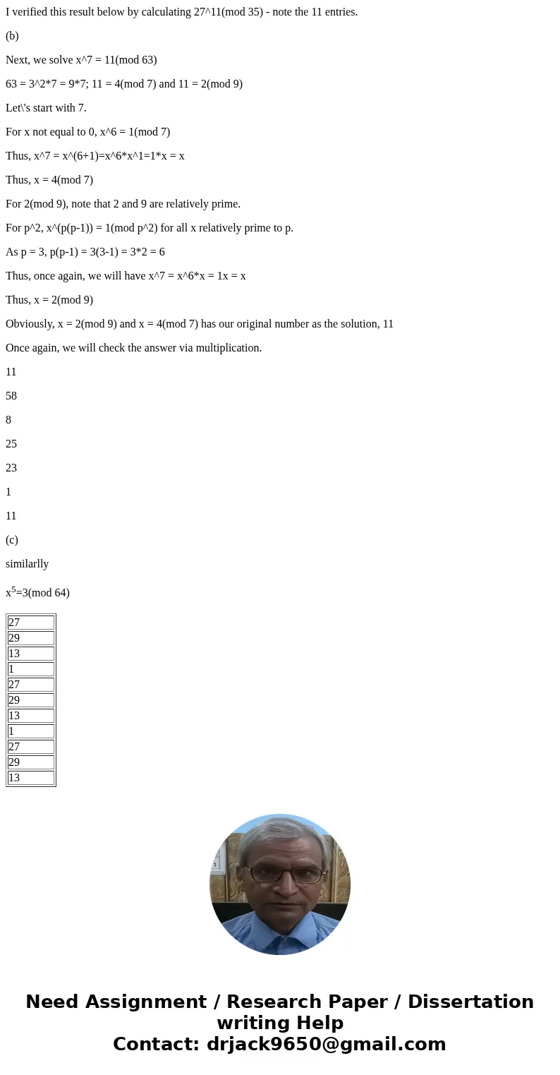 3) Solve a) x^11 13 (mod 35). b) x^7 11 (mod 63). c) x^5 3 (mod 64). Solution(a) x11=13 (mod 35) 35 = 5 * 7 Then, 13 = 6(mod 7) and 13 = 3(mod 5) Thus, we solv  3) Solve a) x^11 13 (mod 35). b) x^7 11 (mod 63). c) x^5 3 (mod 64). Solution(a) x11=13 (mod 35) 35 = 5 * 7 Then, 13 = 6(mod 7) and 13 = 3(mod 5) Thus, we solv