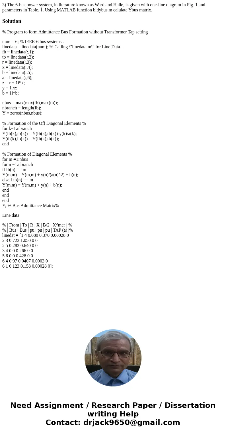 3) The 6-bus power system, in literature known as Ward and Halle, is given with one-line diagram in Fig. 1 and parameters in Table. 1. Using MATLAB function bl  3) The 6-bus power system, in literature known as Ward and Halle, is given with one-line diagram in Fig. 1 and parameters in Table. 1. Using MATLAB function bl