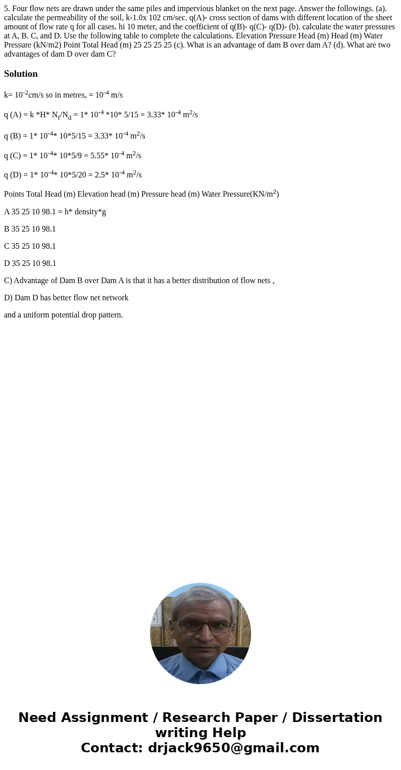  5. Four flow nets are drawn under the same piles and impervious blanket on the next page. Answer the followings. (a). calculate the permeability of the soil, k