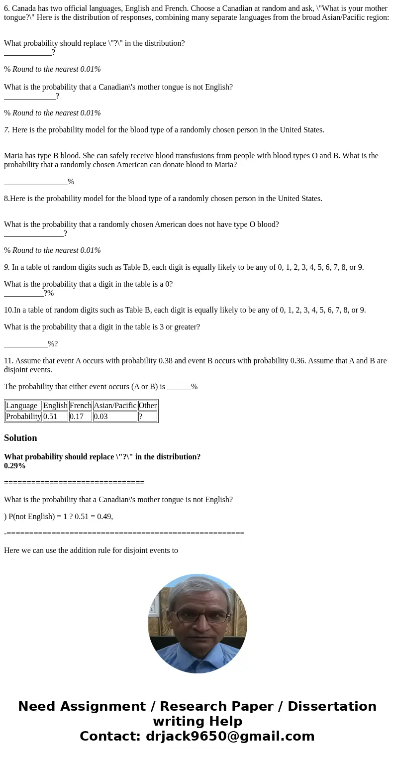 6. Canada has two official languages, English and French. Choose a Canadian at random and ask, \