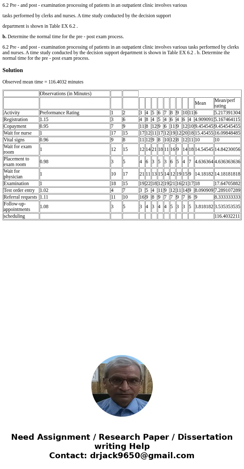 6.2 Pre - and post - examination processing of patients in an outpatient clinic involves various tasks performed by clerks and nurses. A time study conducted by