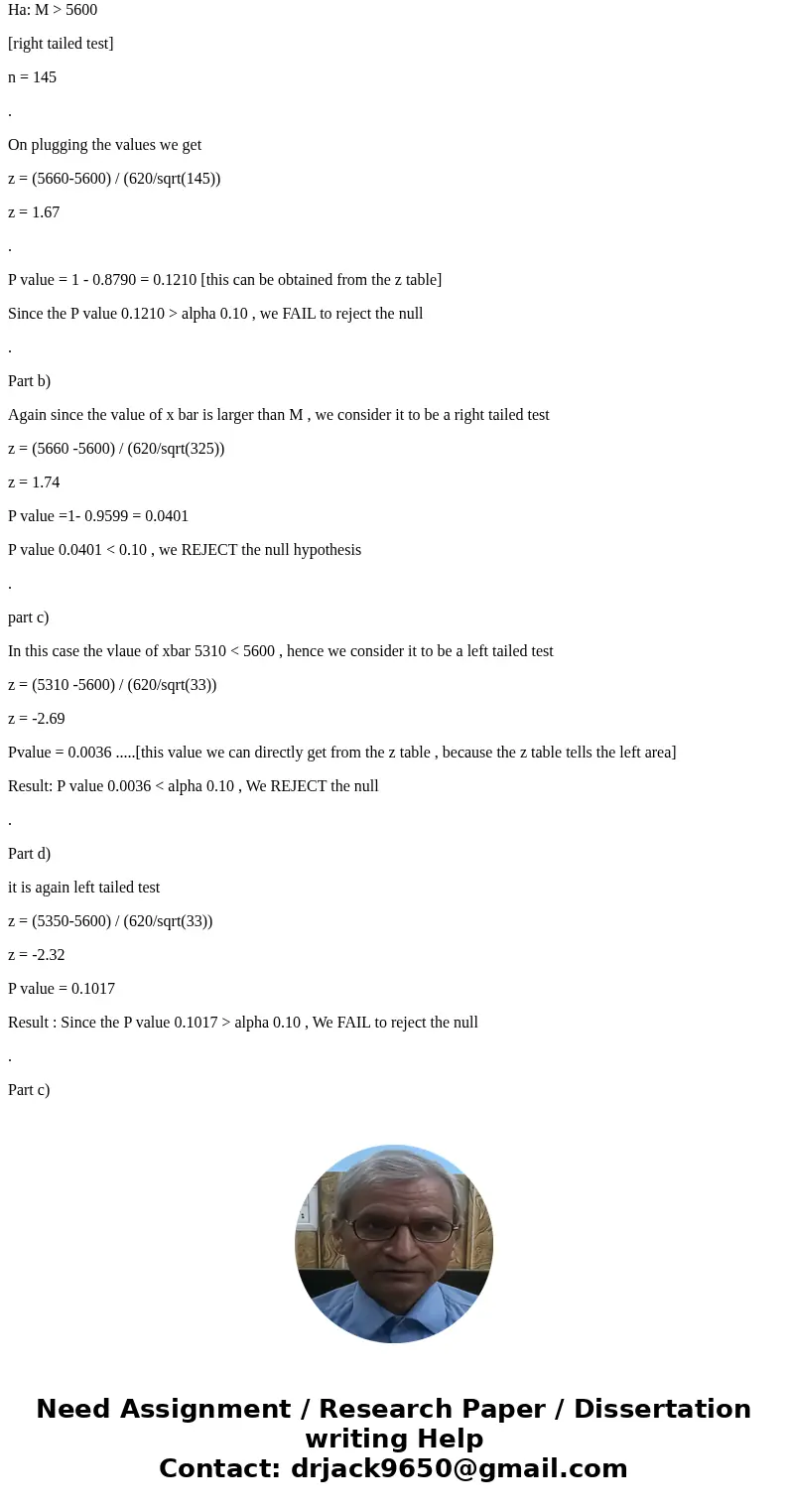 (9) Consider the following hypotheses: H0: ? = 5,600 The population is normally distributed with a population standard deviation of 620. Compute the value of th