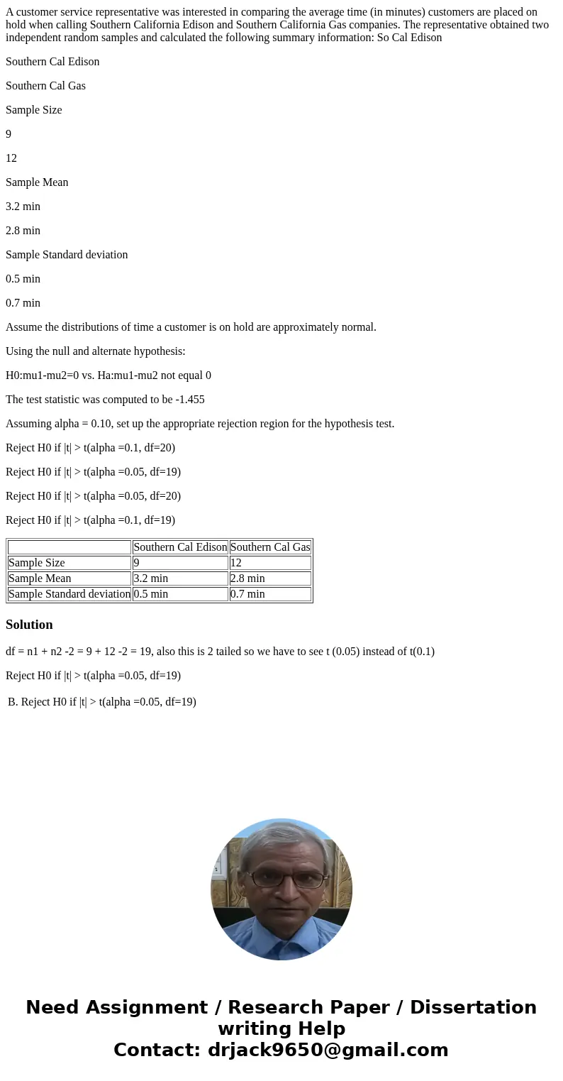 A customer service representative was interested in comparing the average time (in minutes) customers are placed on hold when calling Southern California Edison A customer service representative was interested in comparing the average time (in minutes) customers are placed on hold when calling Southern California Edison