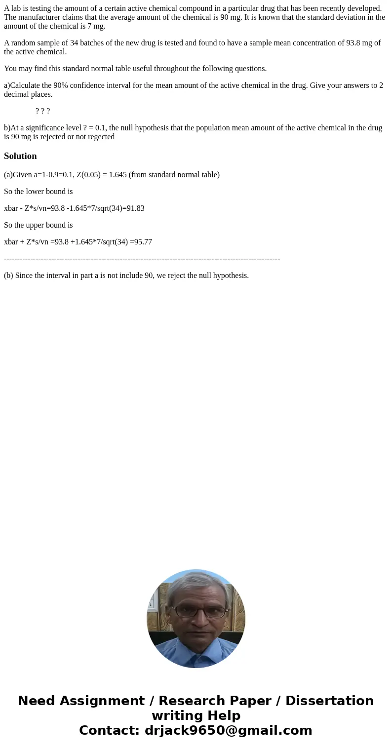 A lab is testing the amount of a certain active chemical compound in a particular drug that has been recently developed. The manufacturer claims that the averag