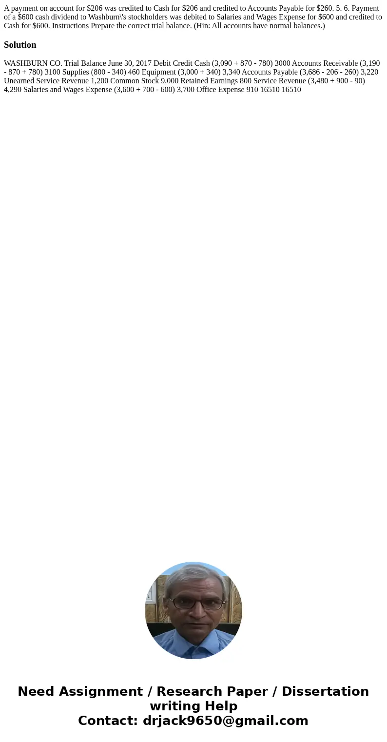 A payment on account for $206 was credited to Cash for $206 and credited to Accounts Payable for $260. 5. 6. Payment of a $600 cash dividend to Washburn\'s sto  A payment on account for $206 was credited to Cash for $206 and credited to Accounts Payable for $260. 5. 6. Payment of a $600 cash dividend to Washburn\'s sto