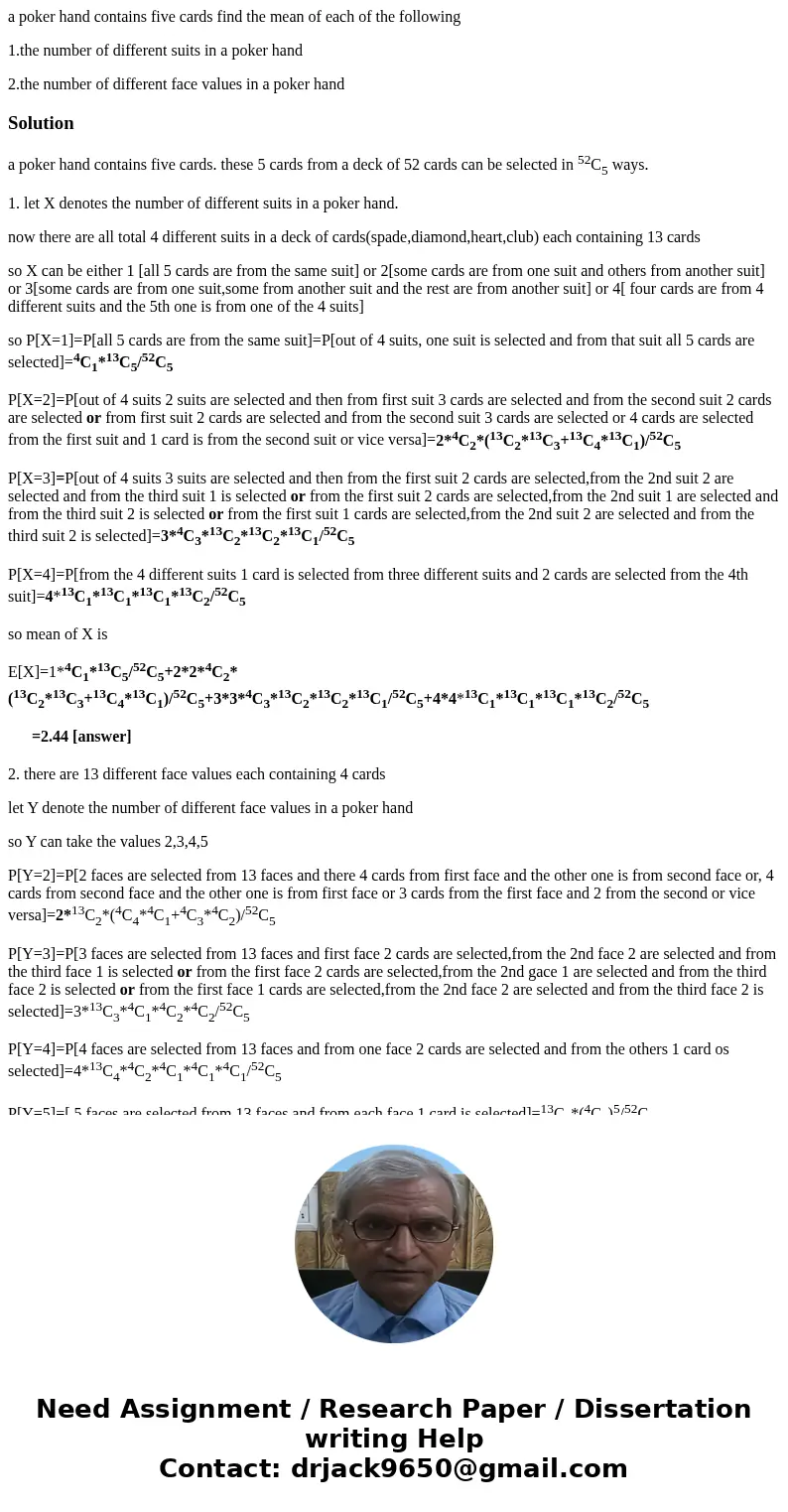 a poker hand contains five cards find the mean of each of the following 1.the number of different suits in a poker hand 2.the number of different face values in