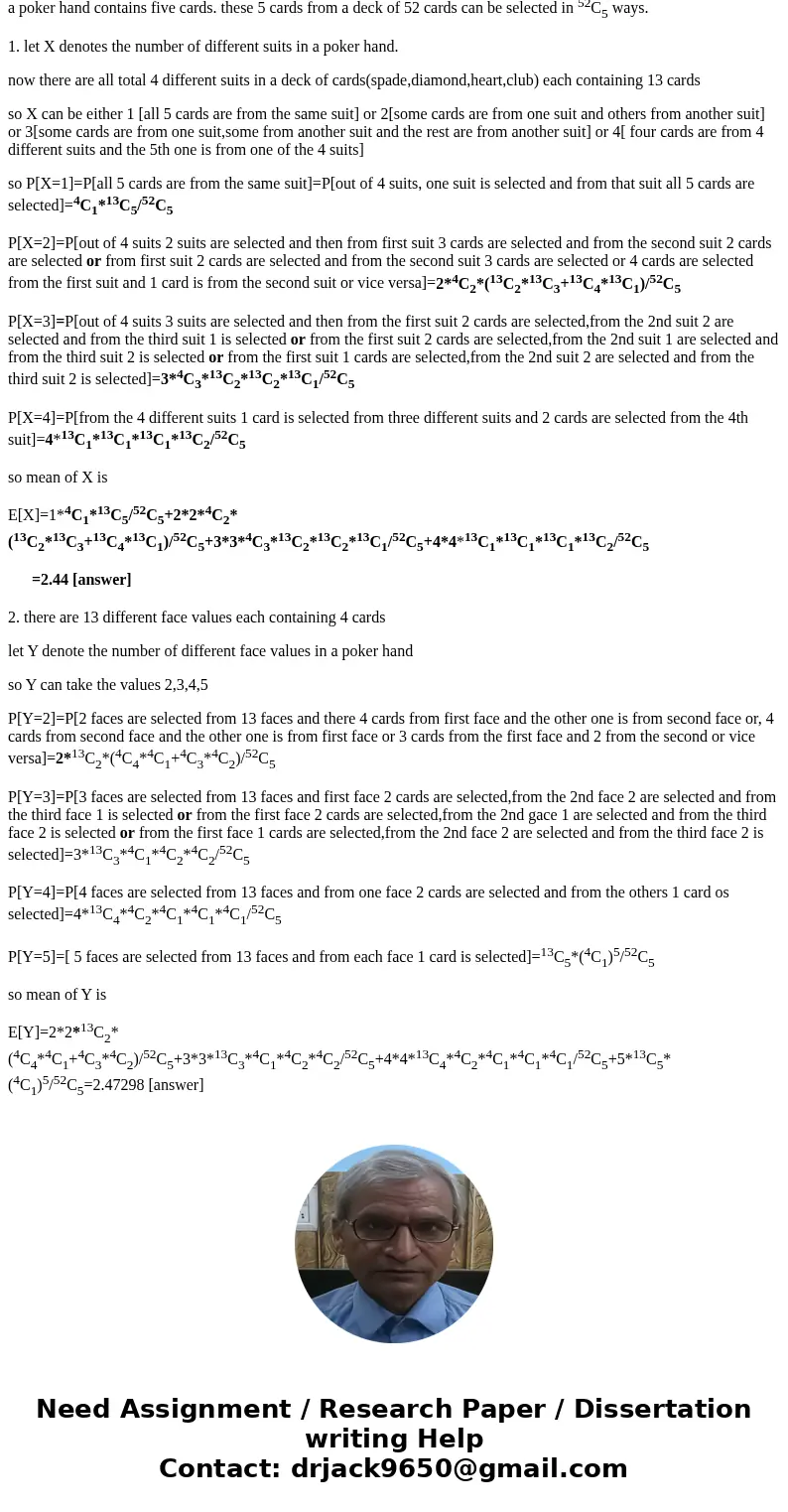 a poker hand contains five cards find the mean of each of the following 1.the number of different suits in a poker hand 2.the number of different face values in