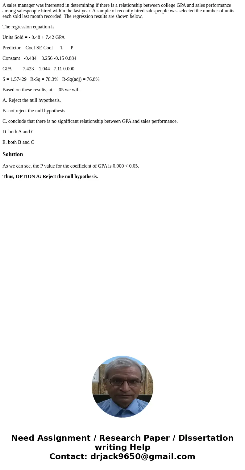 A sales manager was interested in determining if there is a relationship between college GPA and sales performance among salespeople hired within the last year.