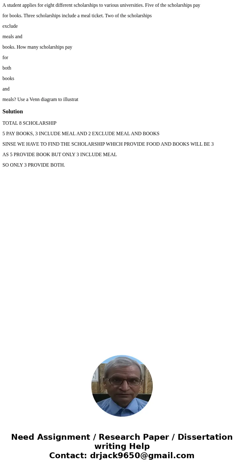 A student applies for eight different scholarships to various universities. Five of the scholarships pay for books. Three scholarships include a meal ticket. Tw