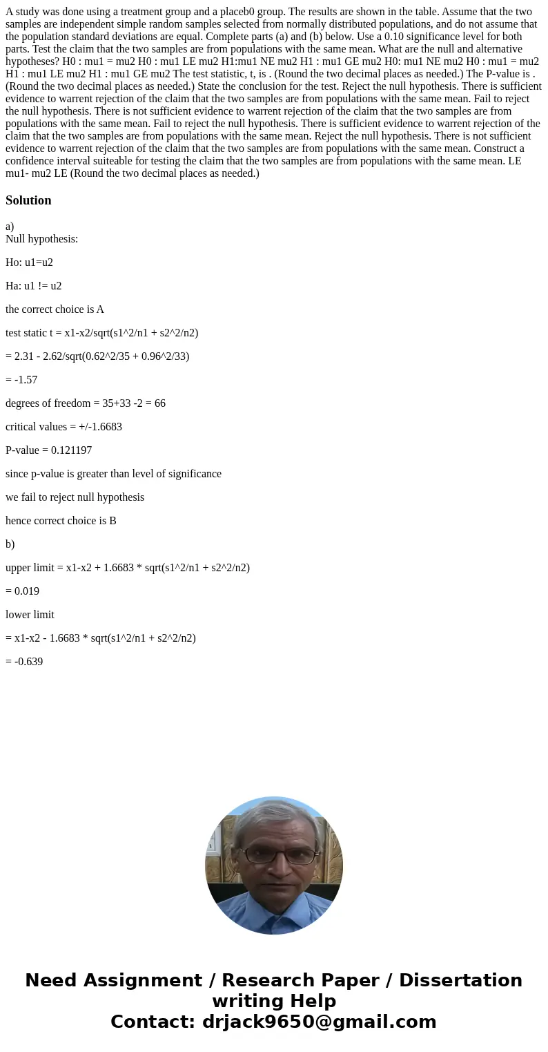  A study was done using a treatment group and a placeb0 group. The results are shown in the table. Assume that the two samples are independent simple random sam