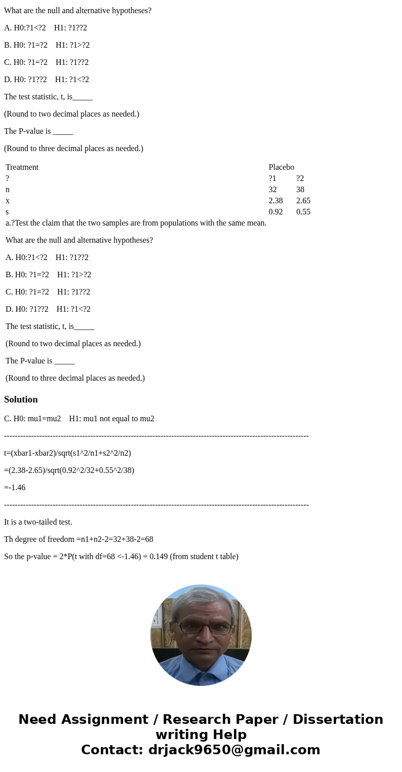 A study was done using a treatment group and a placebo group. The results are shown in the table. Assume that the two samples are independent simple random samp