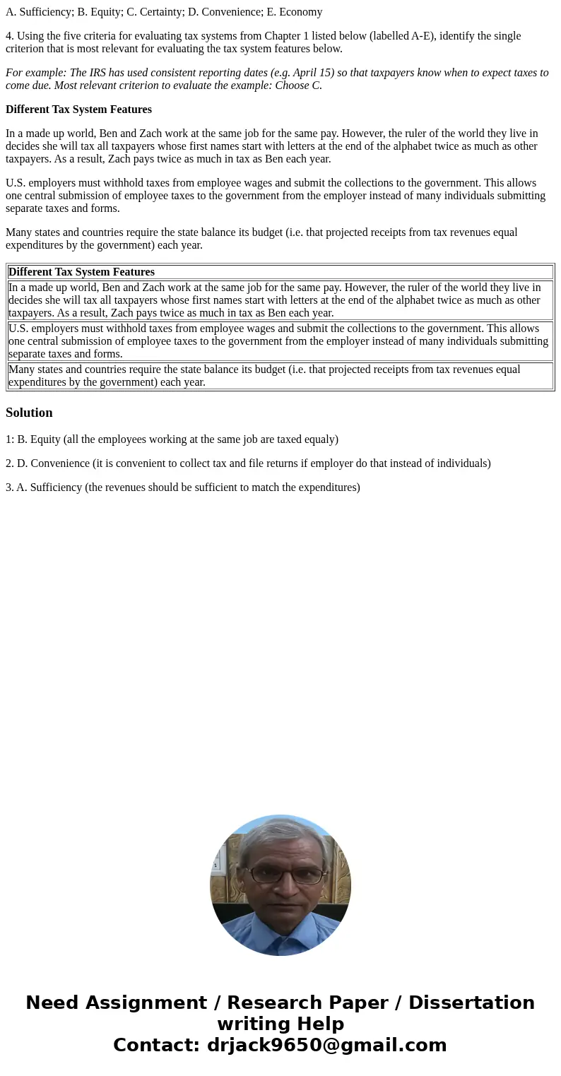 A. Sufficiency; B. Equity; C. Certainty; D. Convenience; E. Economy 4. Using the five criteria for evaluating tax systems from Chapter 1 listed below (labelled  A. Sufficiency; B. Equity; C. Certainty; D. Convenience; E. Economy 4. Using the five criteria for evaluating tax systems from Chapter 1 listed below (labelled