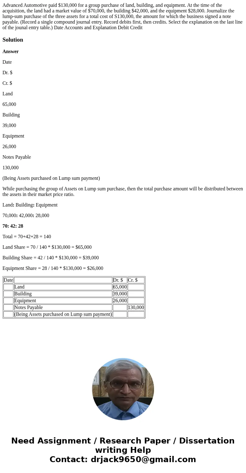 Advanced Automotive paid $130,000 for a group purchase of land, building, and equipment. At the time of the acquisition, the land had a market value of $70,000  Advanced Automotive paid $130,000 for a group purchase of land, building, and equipment. At the time of the acquisition, the land had a market value of $70,000