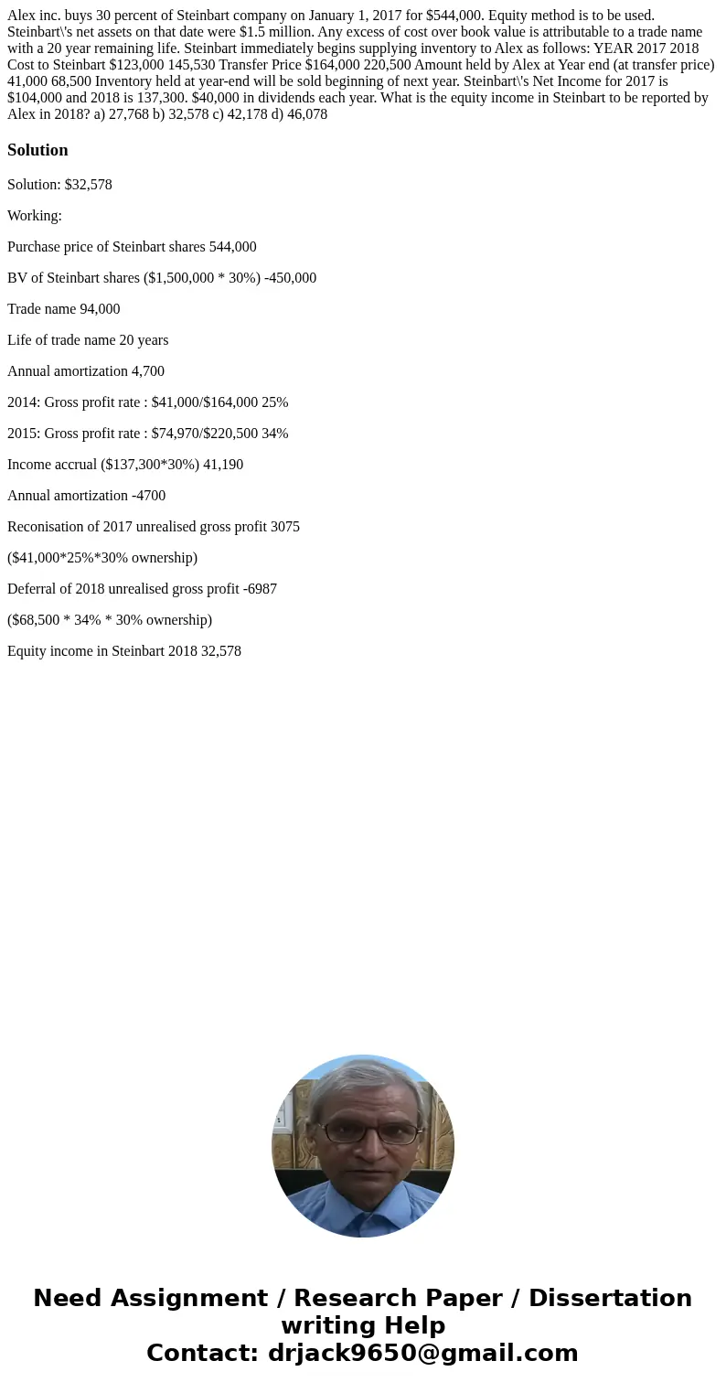 Alex inc. buys 30 percent of Steinbart company on January 1, 2017 for $544,000. Equity method is to be used. Steinbart\'s net assets on that date were $1.5 mill
