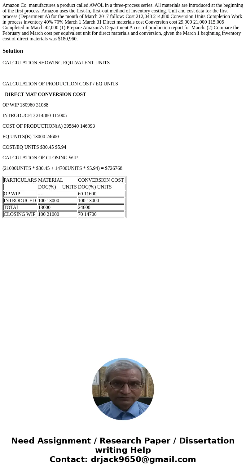  Amazon Co. manufactures a product called AWOL in a three-process series. All materials are introduced at the beginning of the first process. Amazon uses the fi