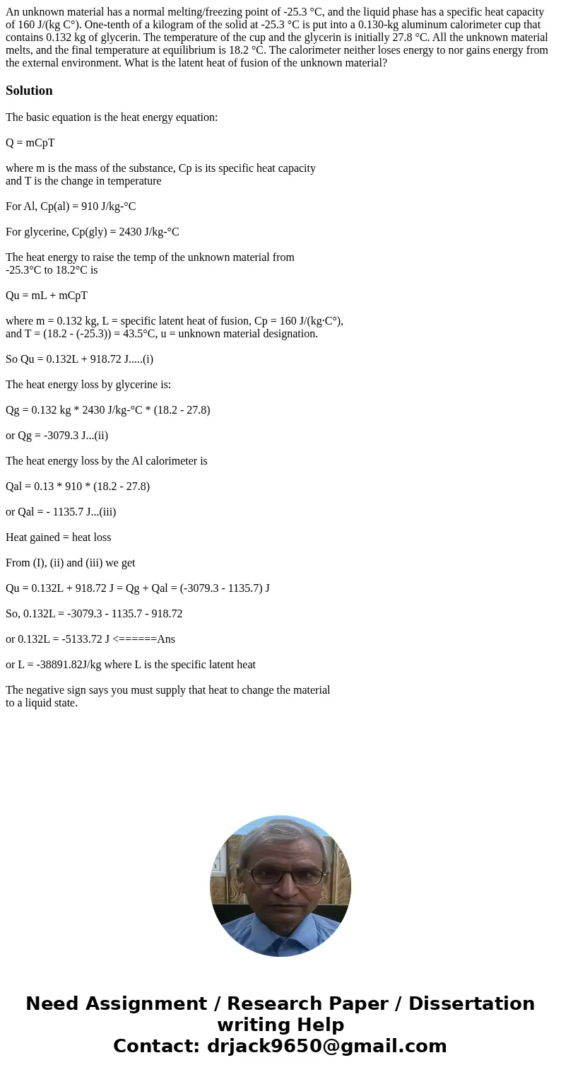 An unknown material has a normal melting/freezing point of -25.3 °C, and the liquid phase has a specific heat capacity of 160 J/(kg C°). One-tenth of a kilogram