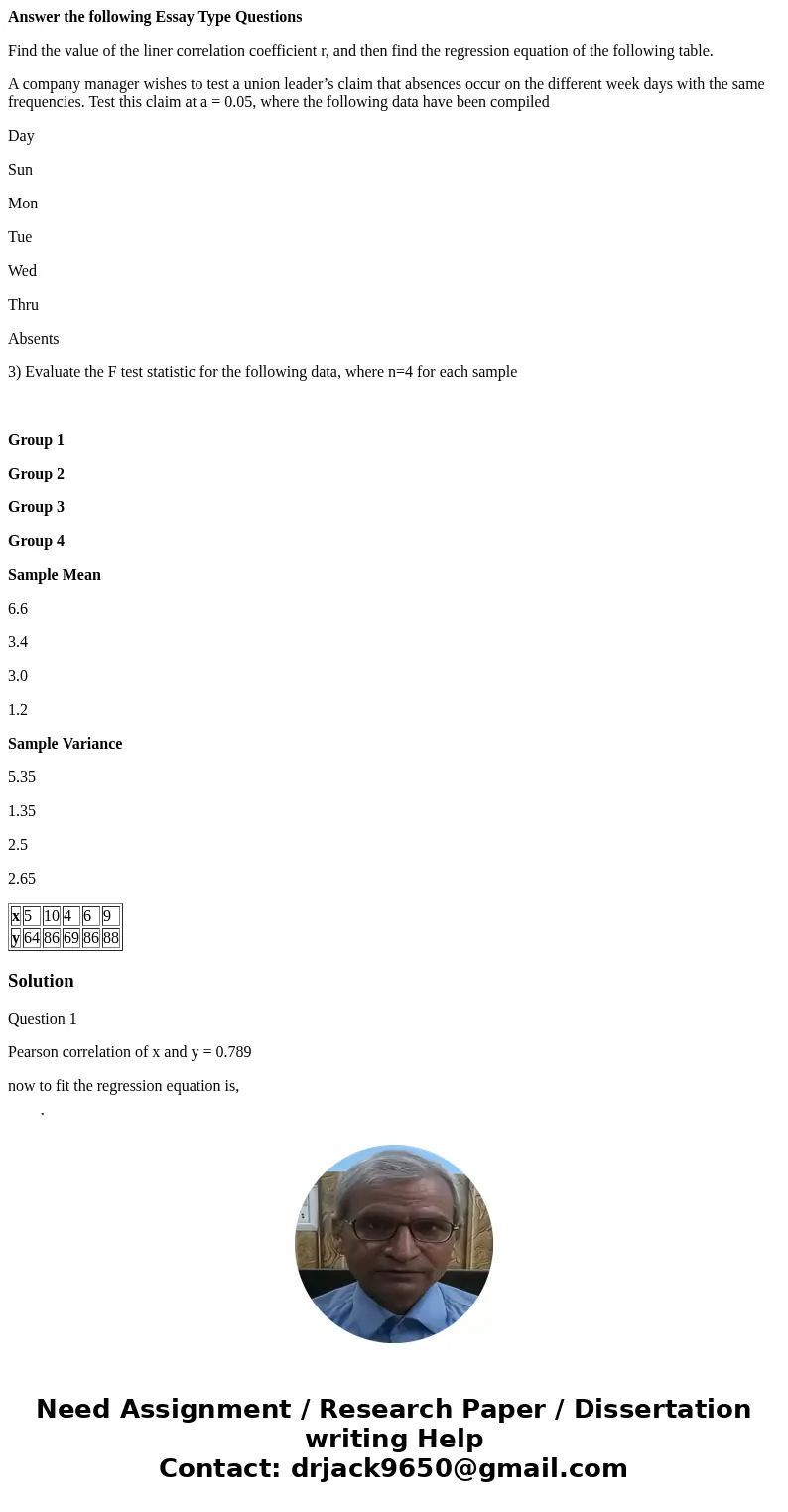 Answer the following Essay Type Questions Find the value of the liner correlation coefficient r, and then find the regression equation of the following table. A Answer the following Essay Type Questions Find the value of the liner correlation coefficient r, and then find the regression equation of the following table. A