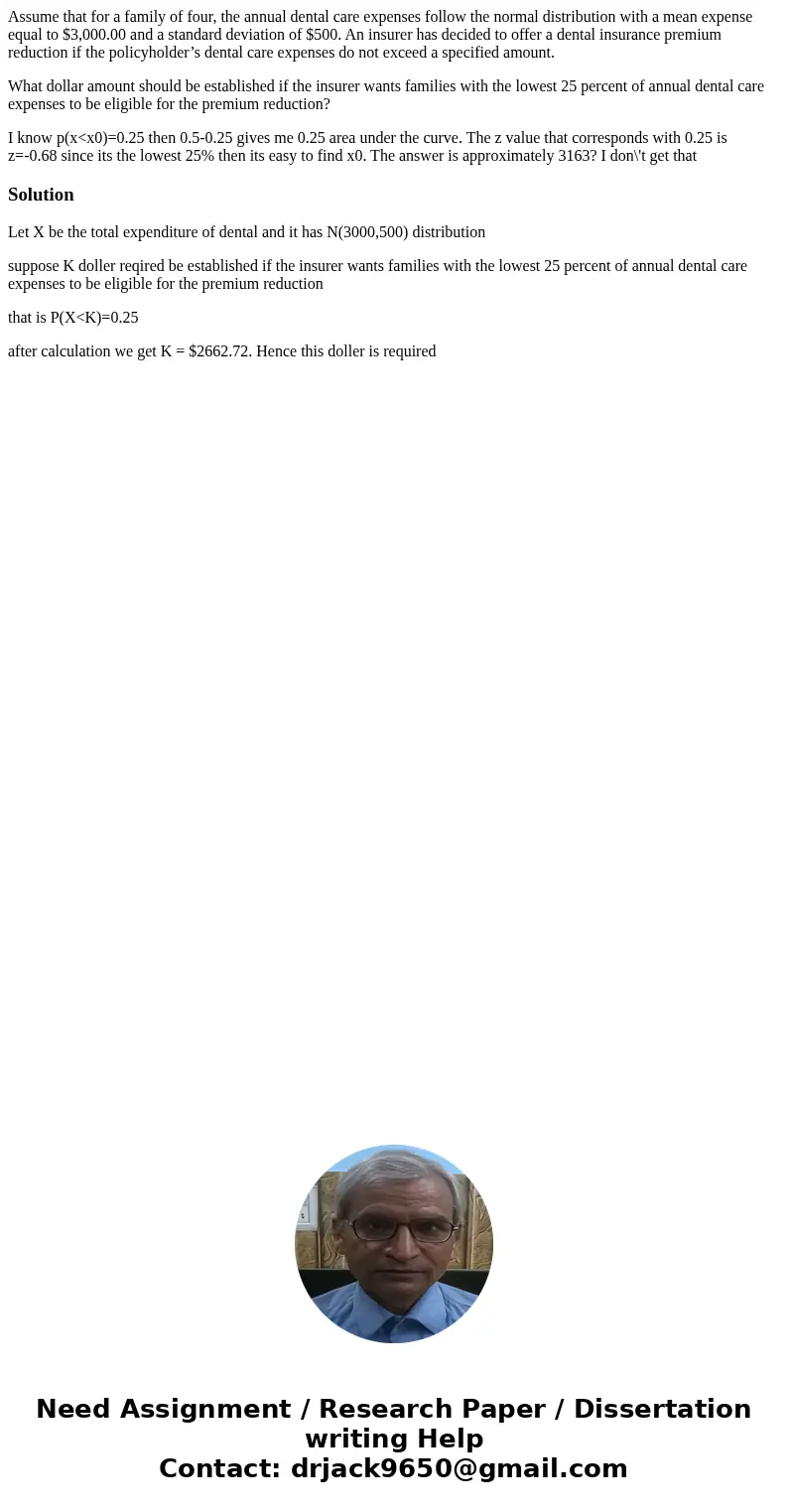 Assume that for a family of four, the annual dental care expenses follow the normal distribution with a mean expense equal to $3,000.00 and a standard deviation
