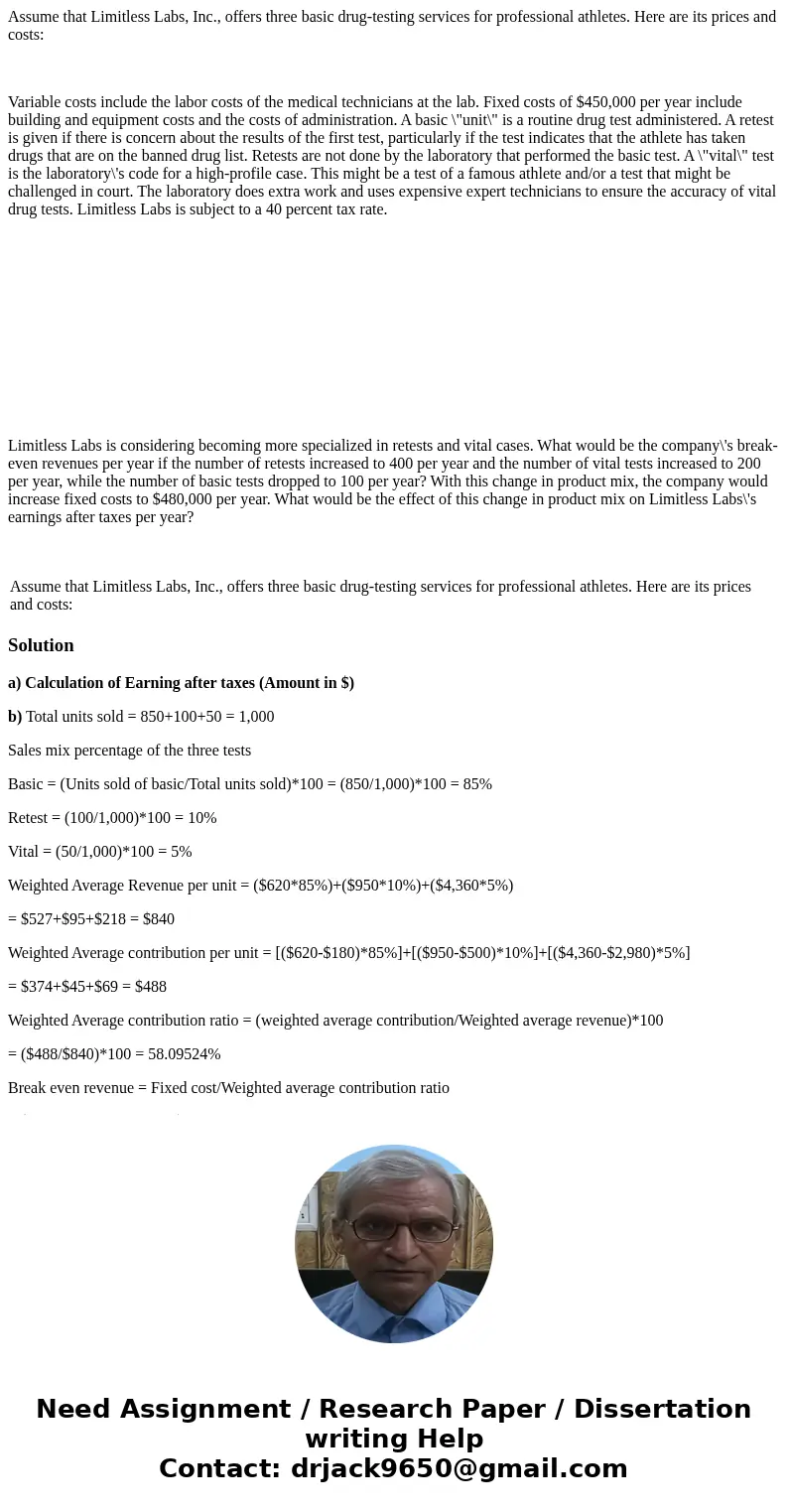 Assume that Limitless Labs, Inc., offers three basic drug-testing services for professional athletes. Here are its prices and costs: Variable costs include the 
