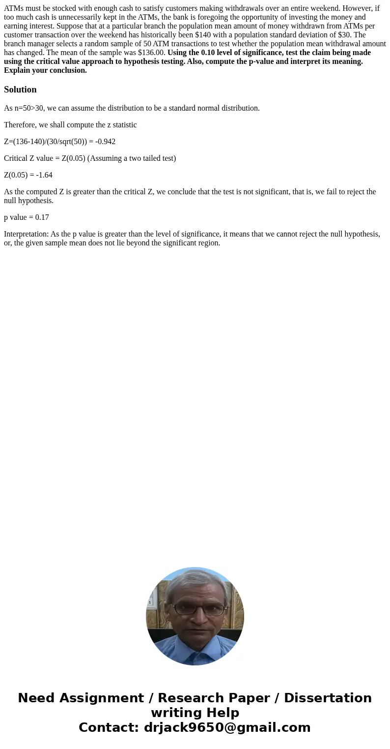 ATMs must be stocked with enough cash to satisfy customers making withdrawals over an entire weekend. However, if too much cash is unnecessarily kept in the ATM