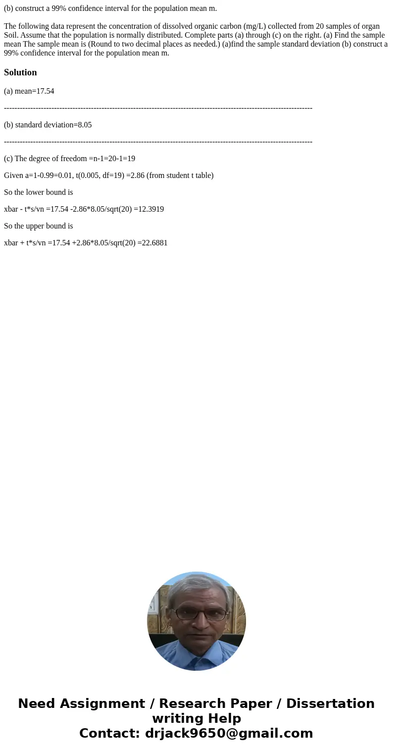 (b) construct a 99% confidence interval for the population mean m. The following data represent the concentration of dissolved organic carbon (mg/L) collected f