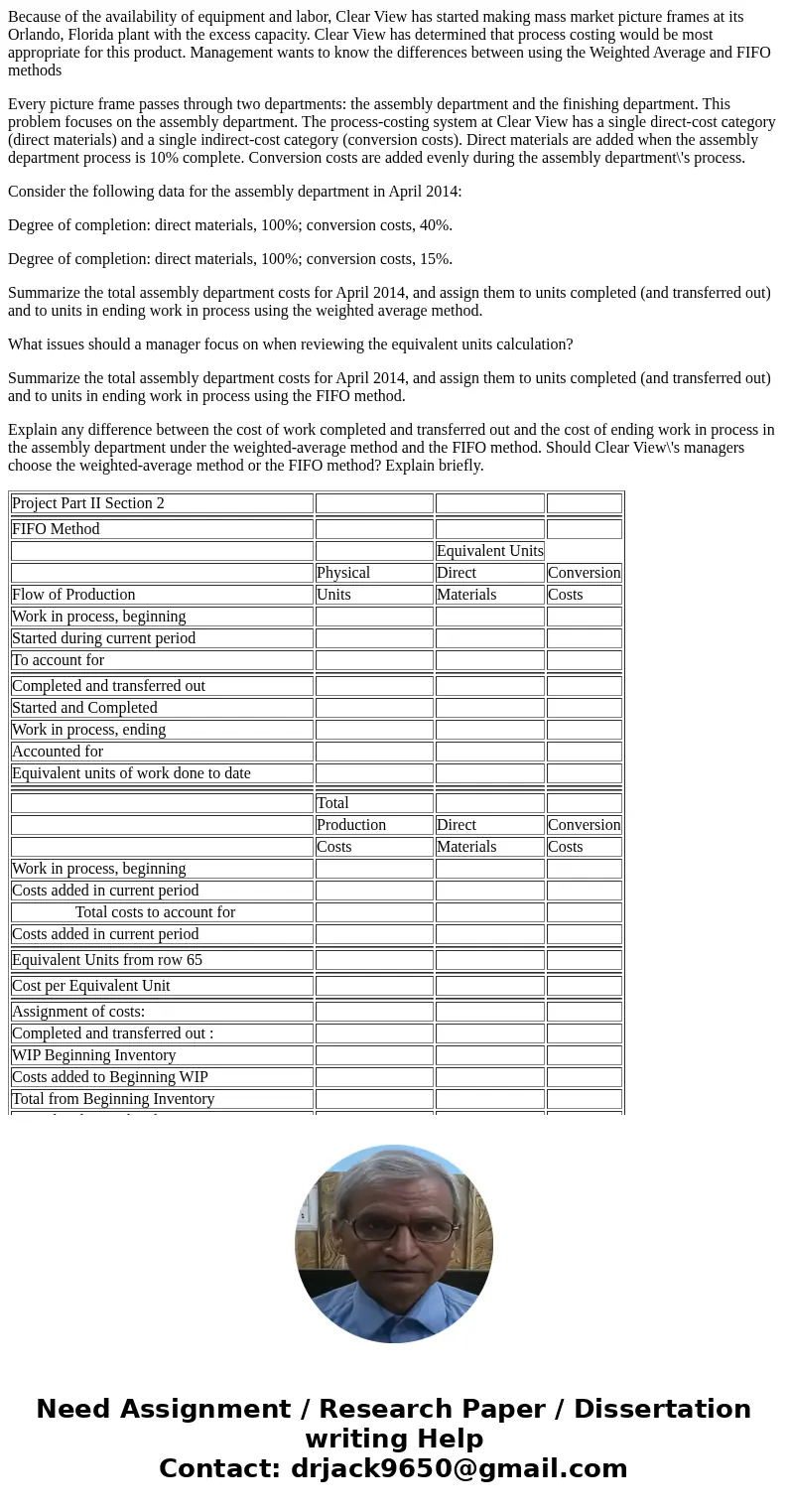 Because of the availability of equipment and labor, Clear View has started making mass market picture frames at its Orlando, Florida plant with the excess capac
