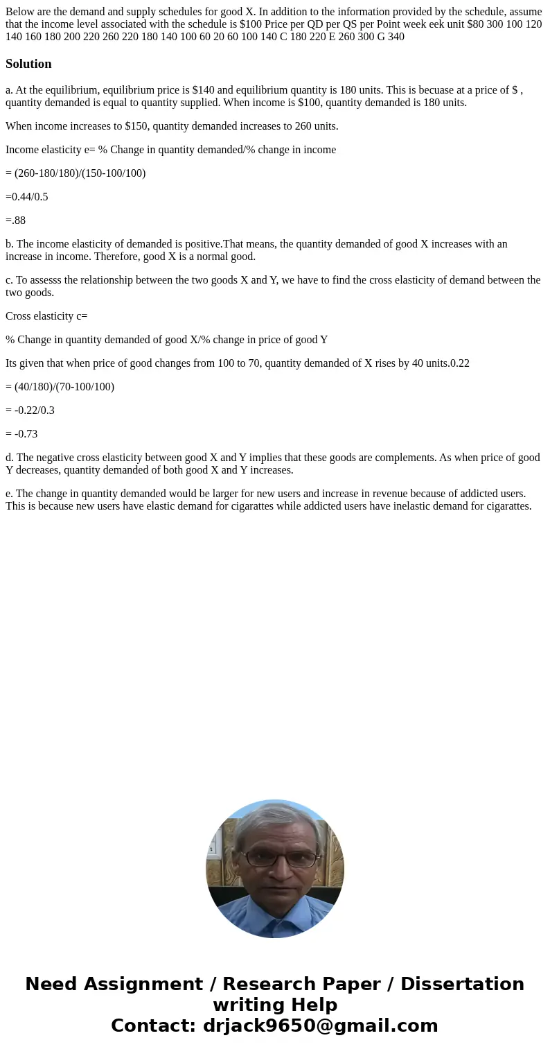  Below are the demand and supply schedules for good X. In addition to the information provided by the schedule, assume that the income level associated with the