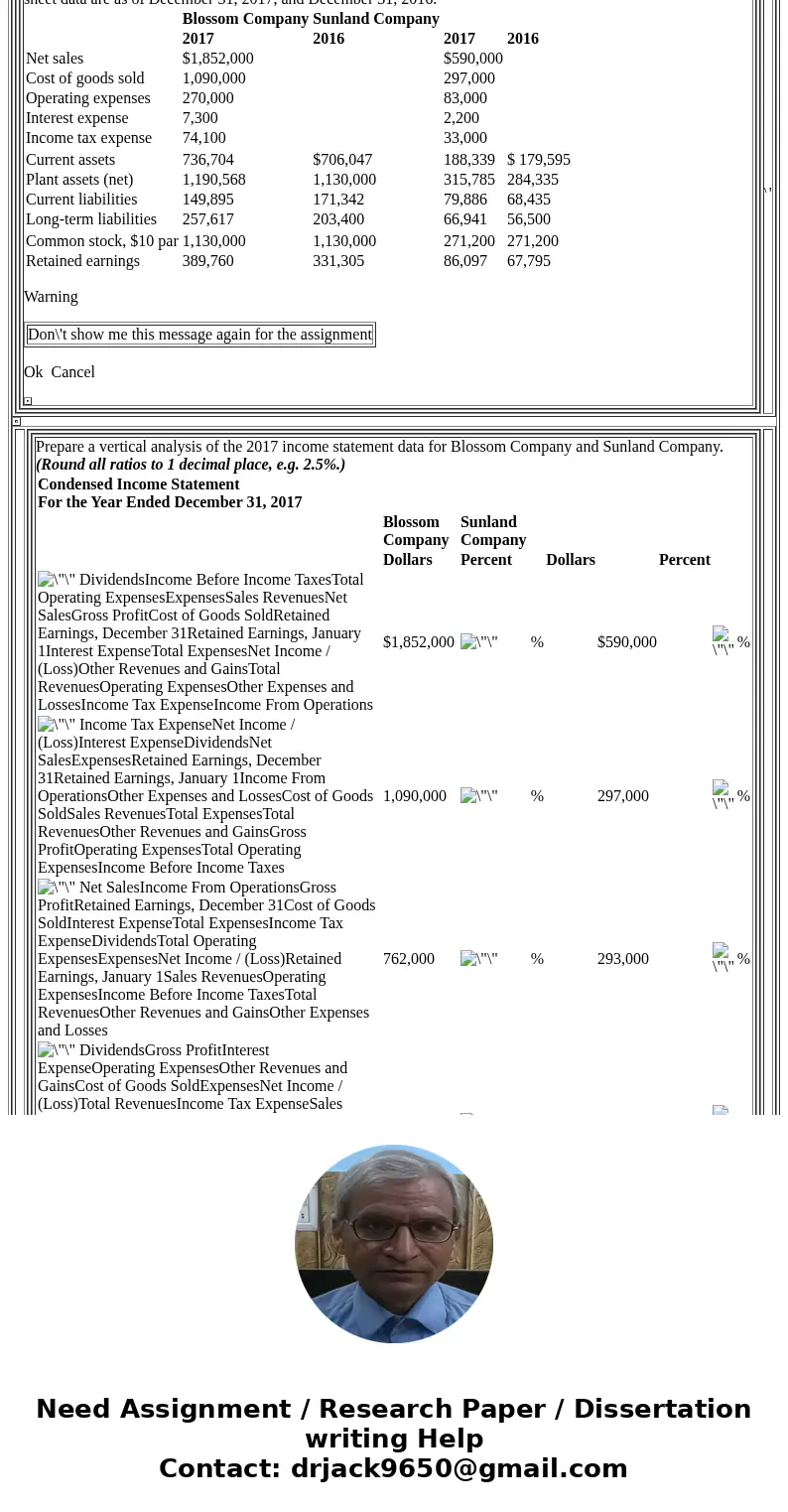 Blossom Company Sunland Company 2017 2016 2017 2016 Warning Don\'t show me this message again for the assignment Ok Cancel Condensed Income Statement For the Ye