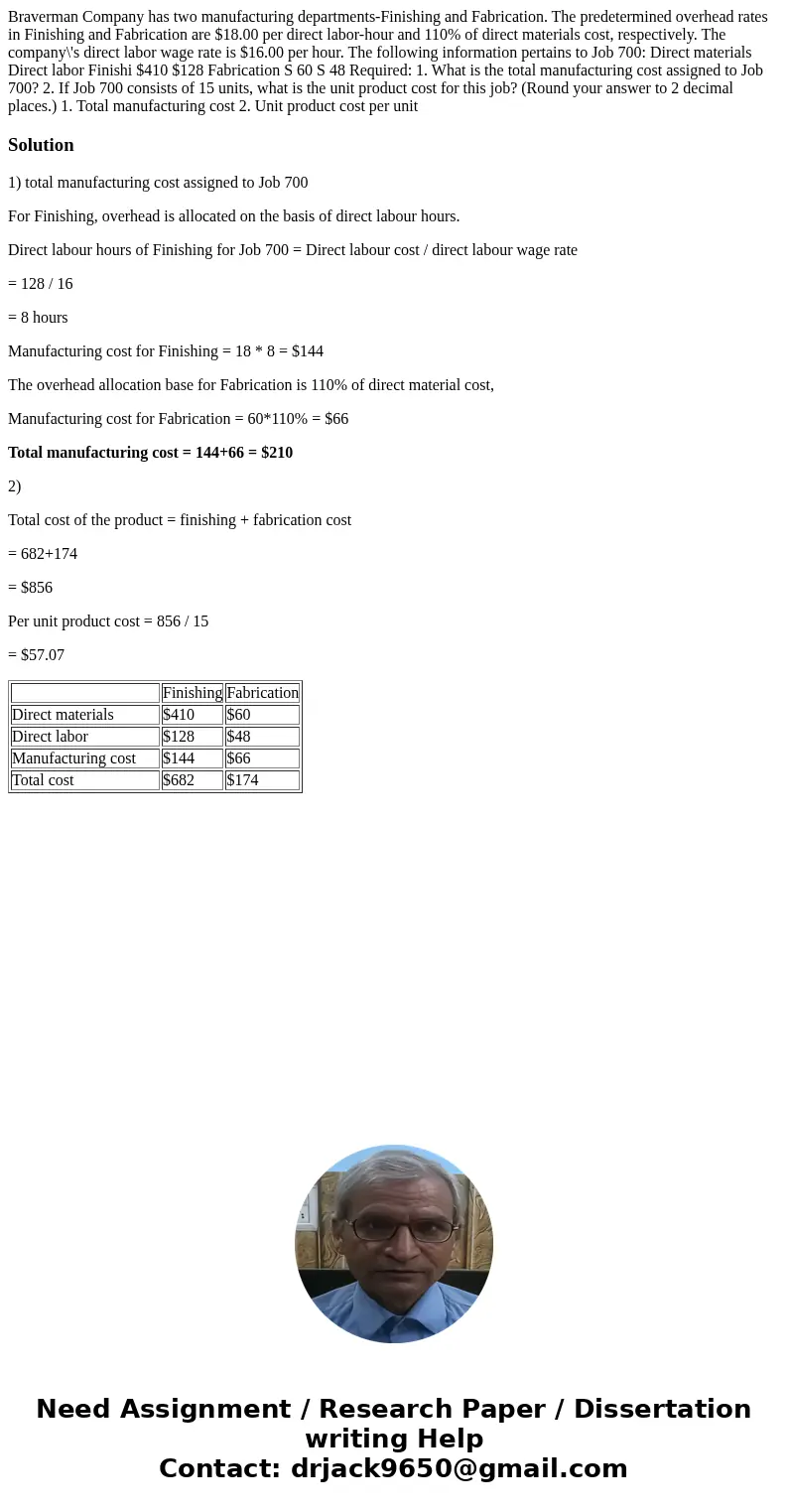  Braverman Company has two manufacturing departments-Finishing and Fabrication. The predetermined overhead rates in Finishing and Fabrication are $18.00 per dir